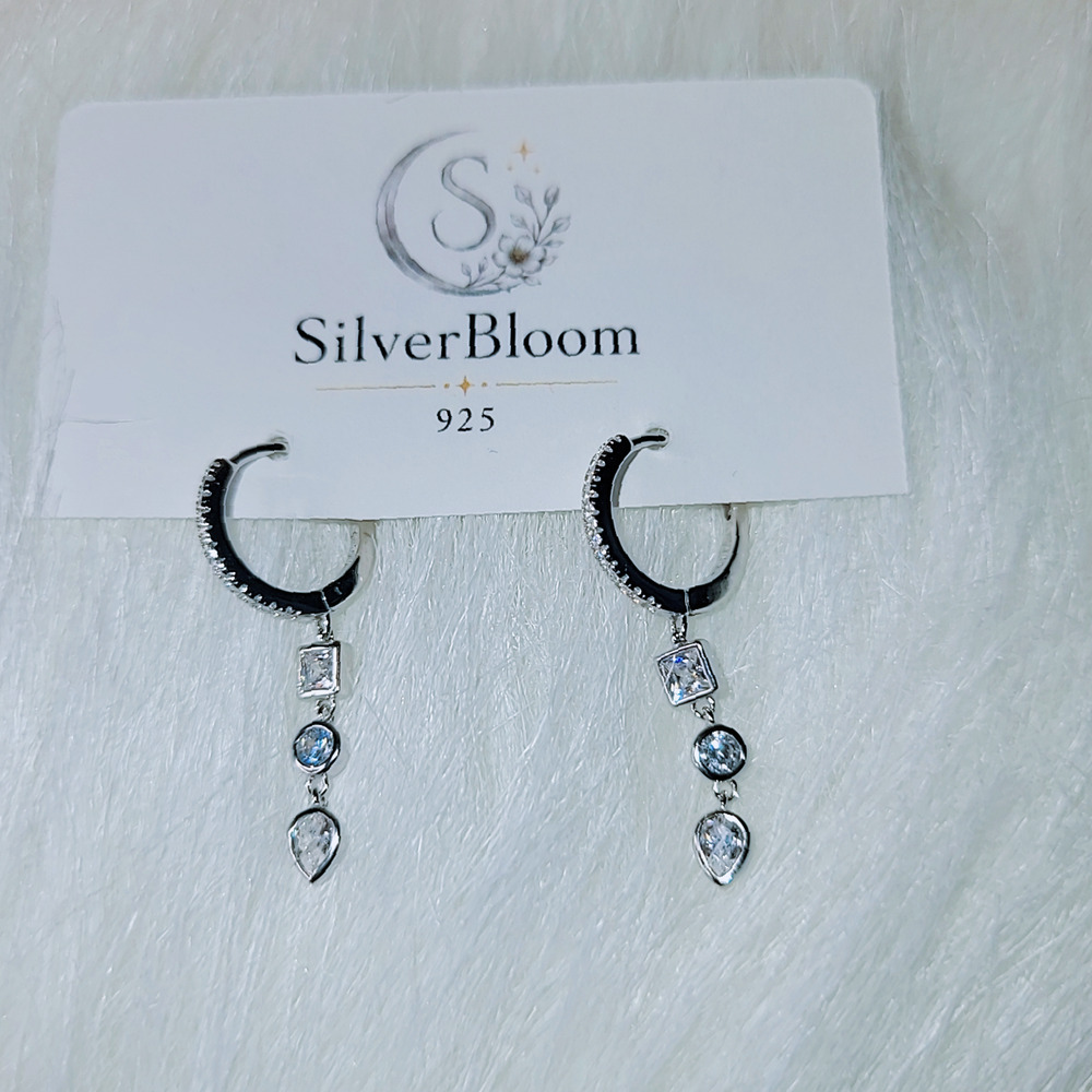 925 Sterling Silver Rhodium Plated 5A CZ Long Drop Huggie Dangle Earrings